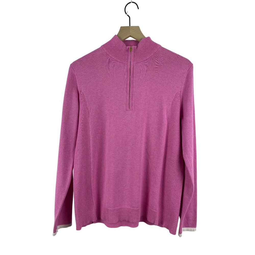 Alashan Women's Large Cashmere Cotton Ribbed 1/4 Zip Pullover Sweater Pink Prepp